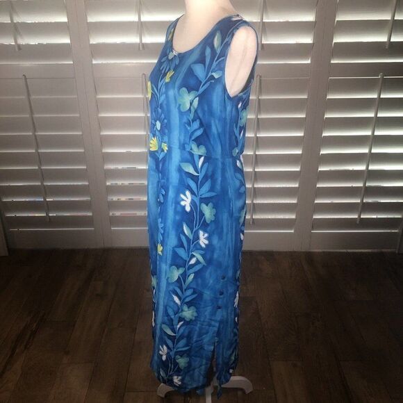 Vtg 90s JAMS WORLD Blue Floral Blutrellis Midi Dress XS Pockets Beach Resort - Picture 3 of 12